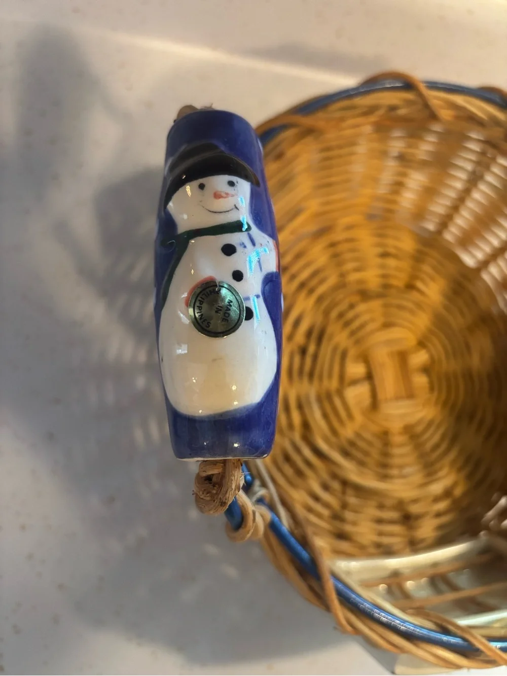 Vintage Snowman Wicker Basket Hand Painted Ceramic Christmas Decor 10”